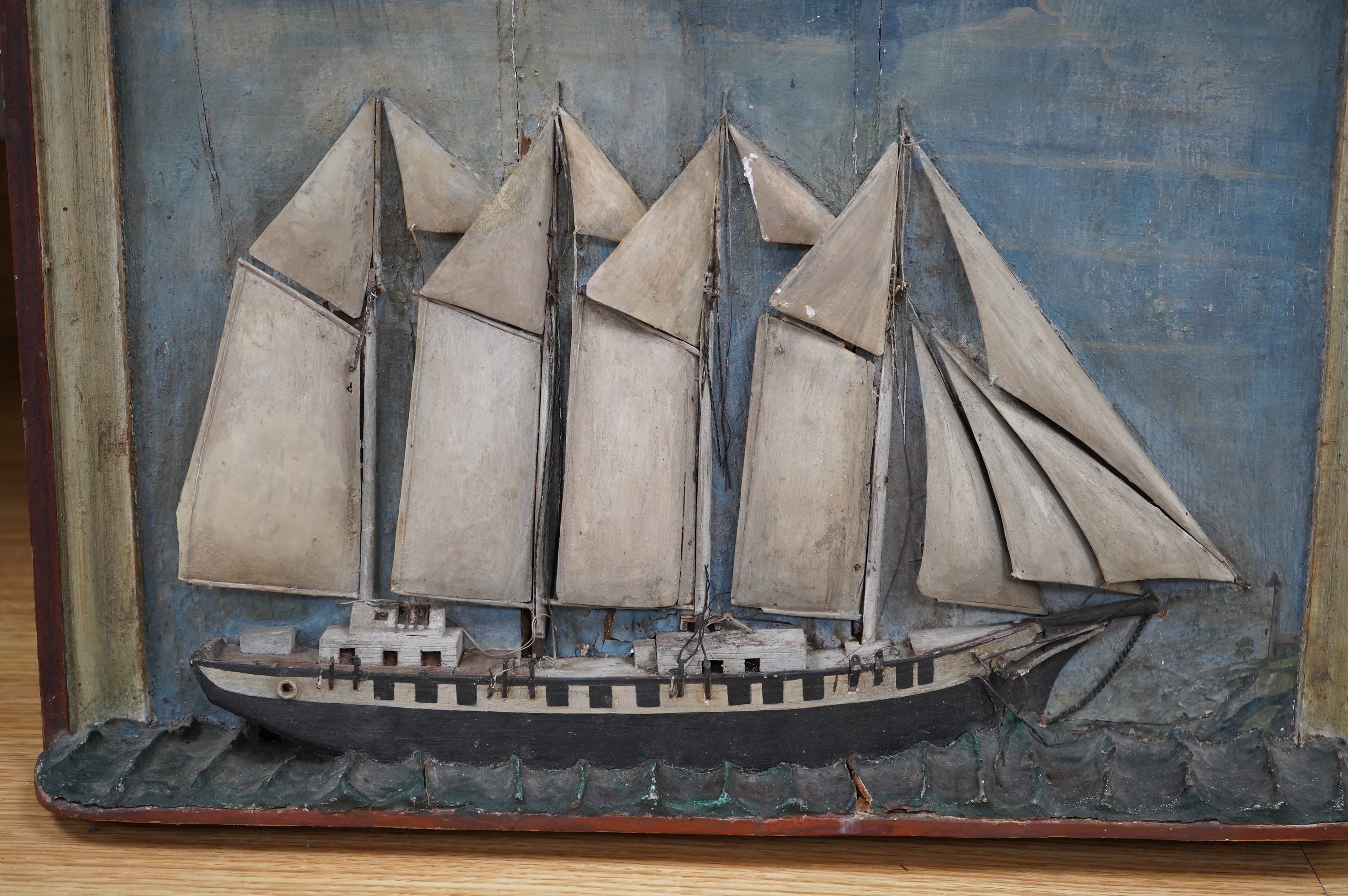 A 19th century American painted folk art diorama of a Barque, 39 x 52cm. Condition - poor to fair